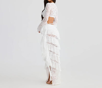 Lace Crop Top and Midi Pencil Skirt Long Sleeve Set