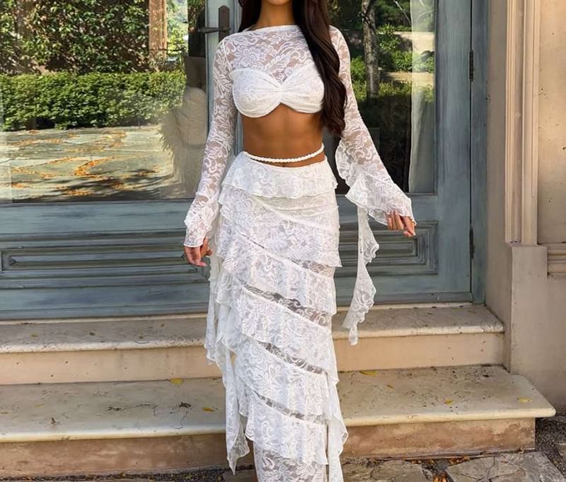 Lace Crop Top and Midi Pencil Skirt Long Sleeve Set