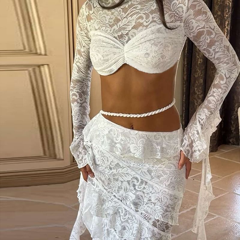 Lace Crop Top and Midi Pencil Skirt Long Sleeve Set