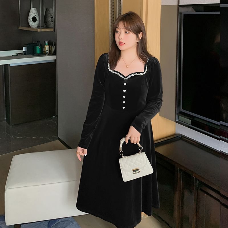 Plus Size Long-Sleeve Sweetheart-Neckline Rhinestone Midi A-Line Velvet Dress
