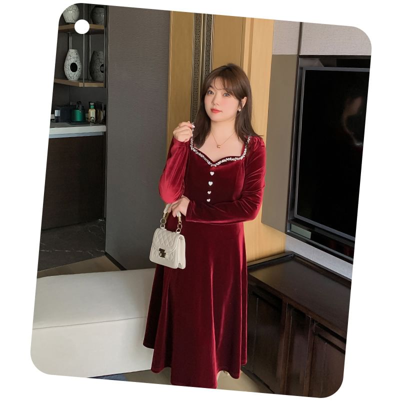 Plus Size Long-Sleeve Sweetheart-Neckline Rhinestone Midi A-Line Velvet Dress