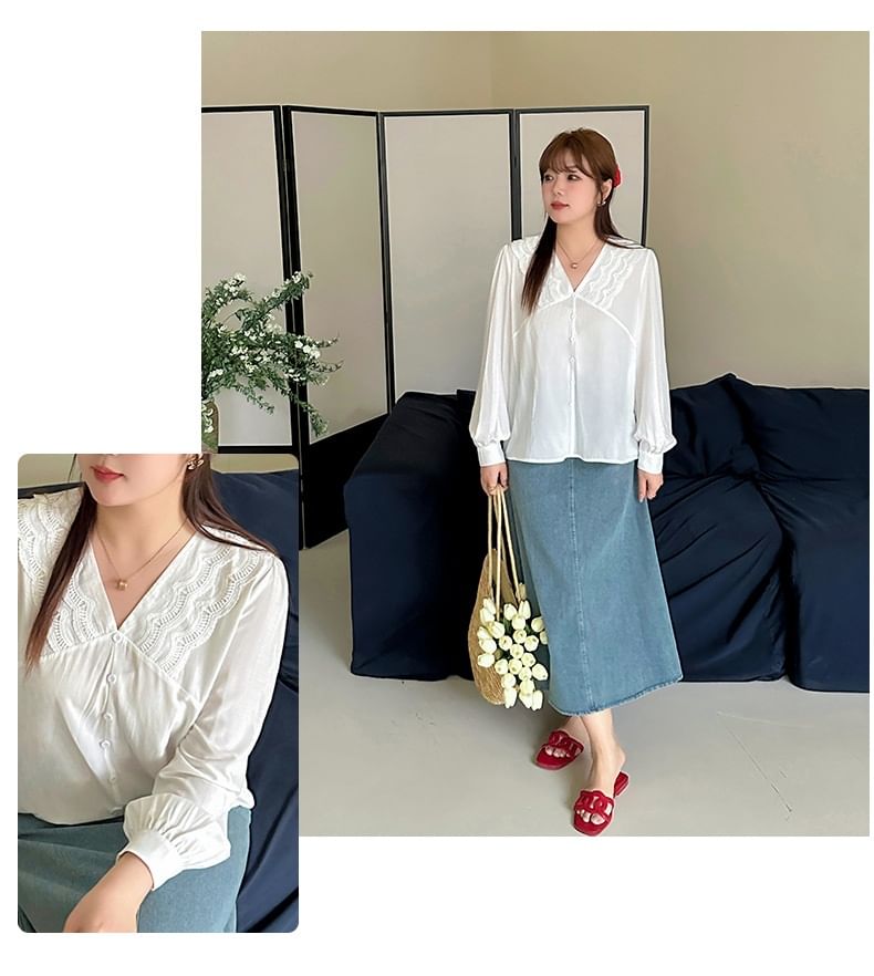 Plus Size Puff-Sleeve V-Neck Lace Trim Blouse
