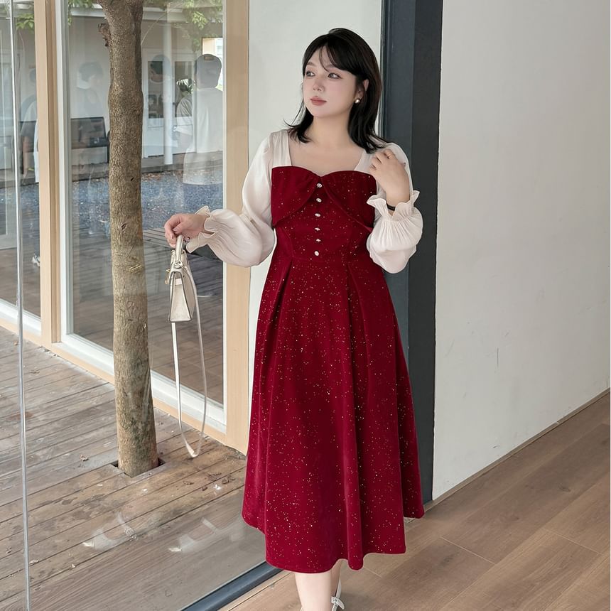 Plus Size Puff-Sleeve Square-Neck Bow Glitter Midi A-Line Dress