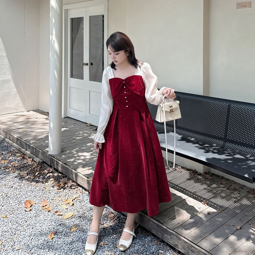 Plus Size Puff-Sleeve Square-Neck Bow Glitter Midi A-Line Dress