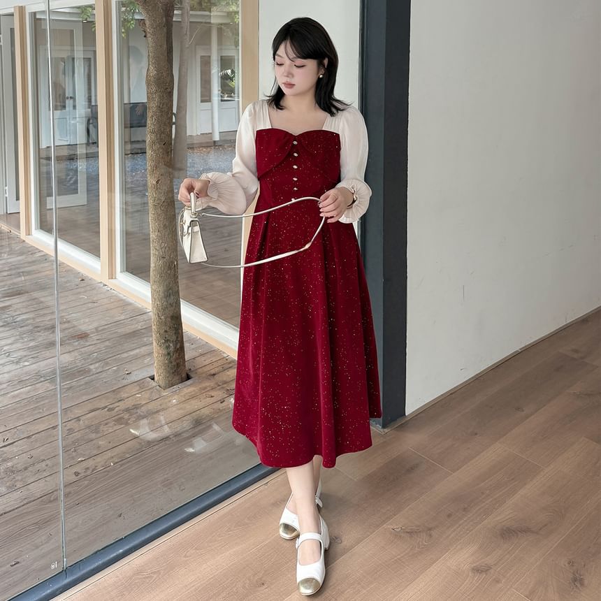 Plus Size Puff-Sleeve Square-Neck Bow Glitter Midi A-Line Dress