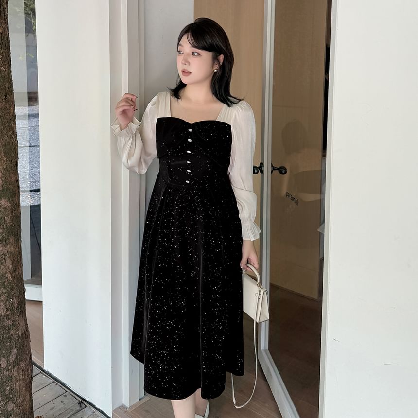 Plus Size Puff-Sleeve Square-Neck Bow Glitter Midi A-Line Dress