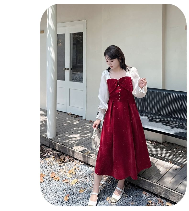 Plus Size Puff-Sleeve Square-Neck Bow Glitter Midi A-Line Dress