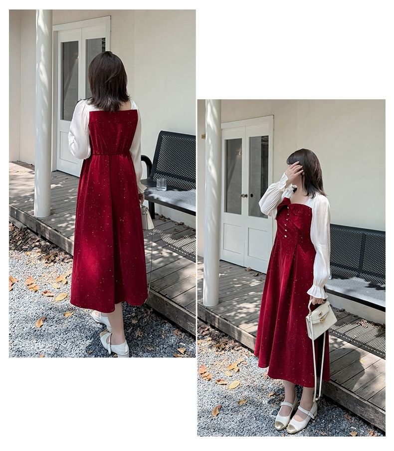 Plus Size Puff-Sleeve Square-Neck Bow Glitter Midi A-Line Dress