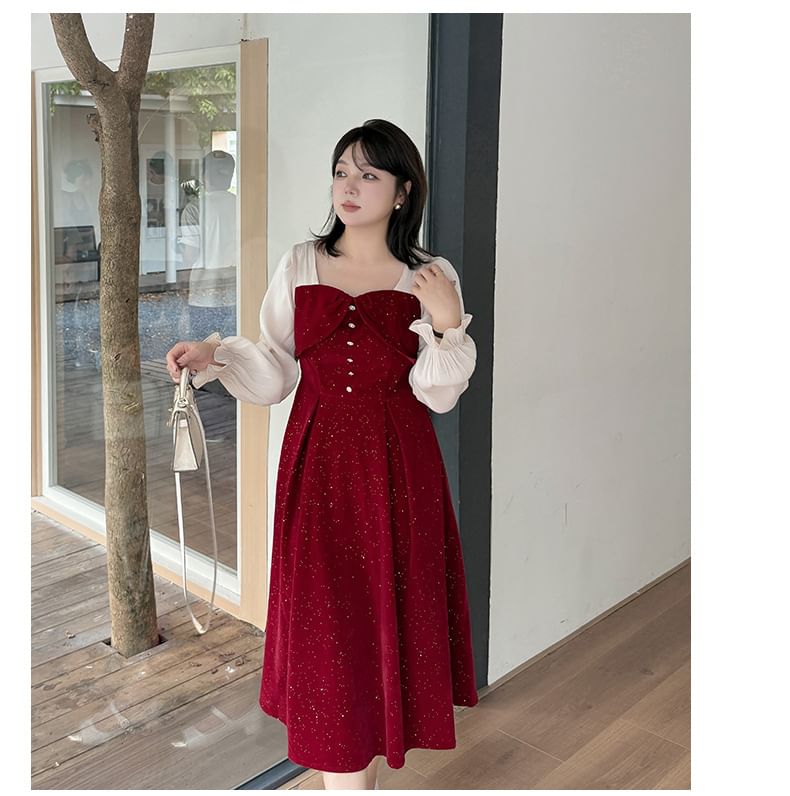 Plus Size Puff-Sleeve Square-Neck Bow Glitter Midi A-Line Dress