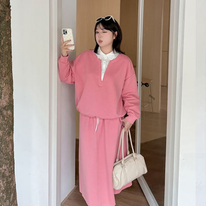Plus Size Set: Mock Two-Piece Long-Sleeve Two-Tone Collared Sweatshirt + High Waist Midi A-Line Skirt
