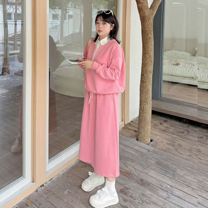 Plus Size Set: Mock Two-Piece Long-Sleeve Two-Tone Collared Sweatshirt + High Waist Midi A-Line Skirt