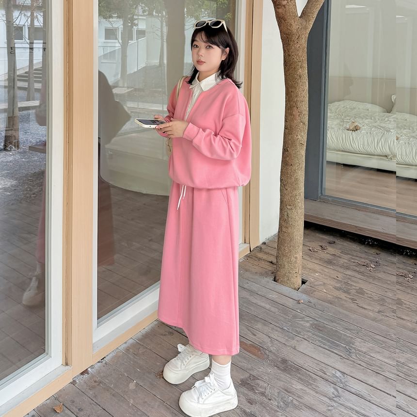 Two Tone Collared Sweatshirt and Midi Skirt Set