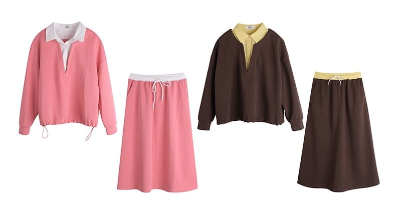 Plus Size Set: Mock Two-Piece Long-Sleeve Two-Tone Collared Sweatshirt + High Waist Midi A-Line Skirt