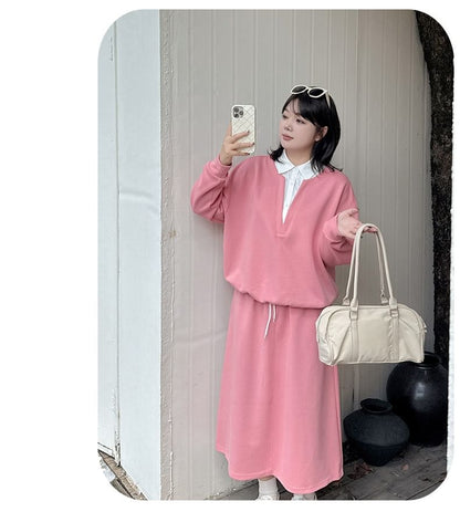 Plus Size Set: Mock Two-Piece Long-Sleeve Two-Tone Collared Sweatshirt + High Waist Midi A-Line Skirt