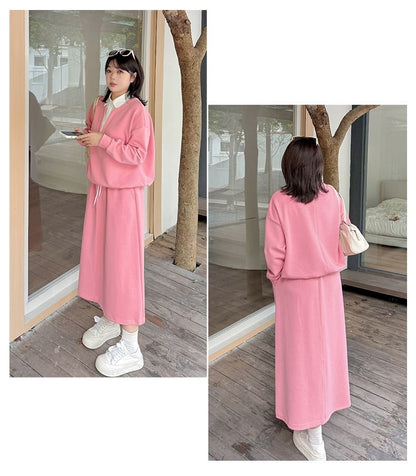 Plus Size Set: Mock Two-Piece Long-Sleeve Two-Tone Collared Sweatshirt + High Waist Midi A-Line Skirt