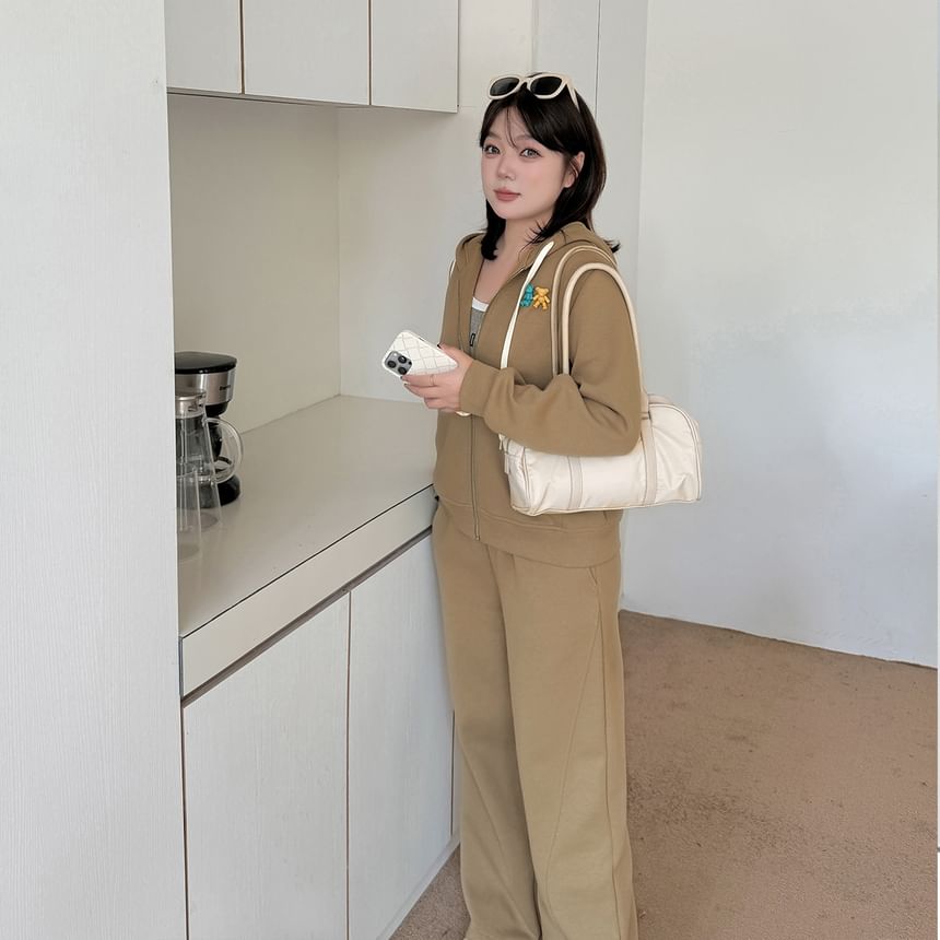 Plus Size Set: Plain Zip Hoodie + High Waist Wide Leg Pants