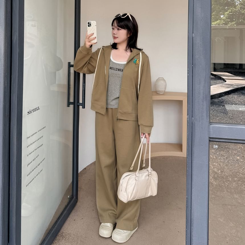 Plus Size Set: Plain Zip Hoodie + High Waist Wide Leg Pants
