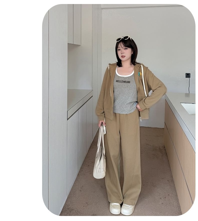 Plus Size Set: Plain Zip Hoodie + High Waist Wide Leg Pants