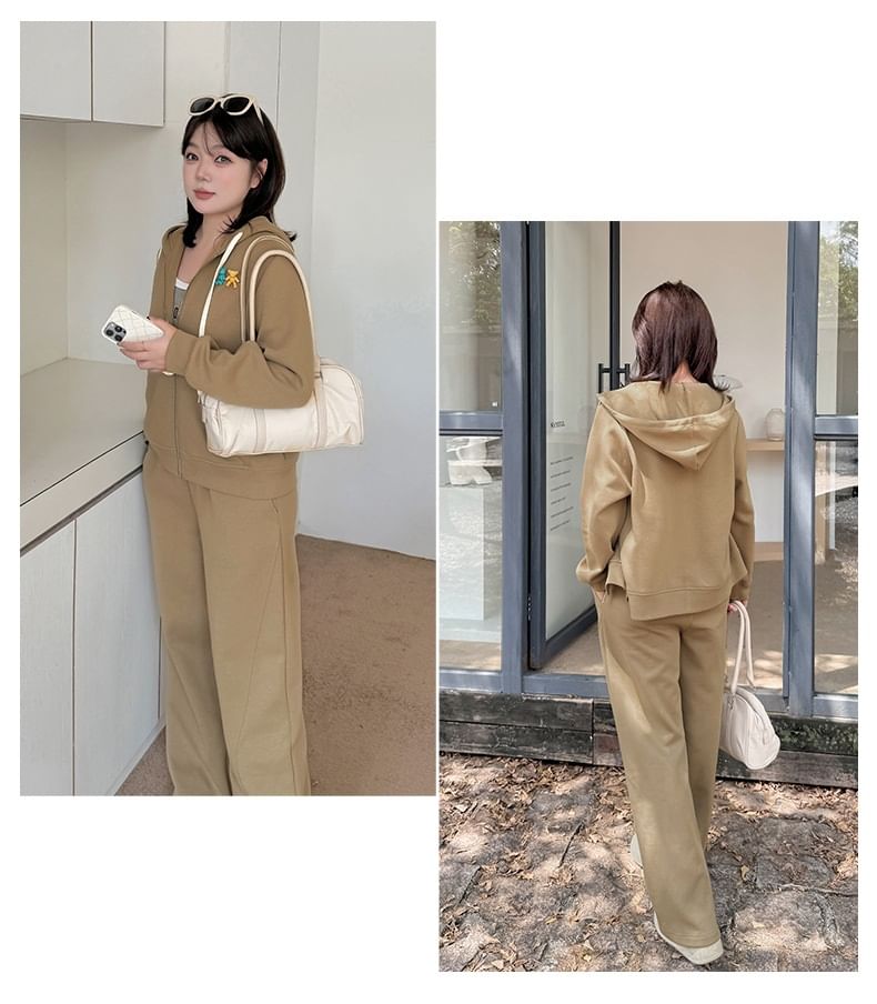 Plus Size Set: Plain Zip Hoodie + High Waist Wide Leg Pants