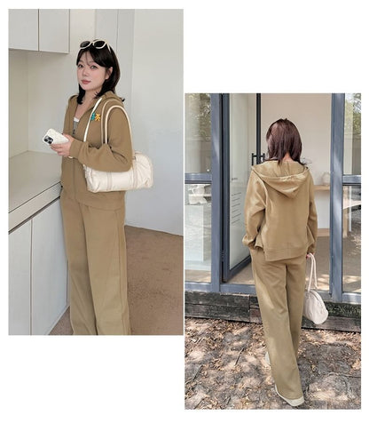 Plus Size Set: Plain Zip Hoodie + High Waist Wide Leg Pants