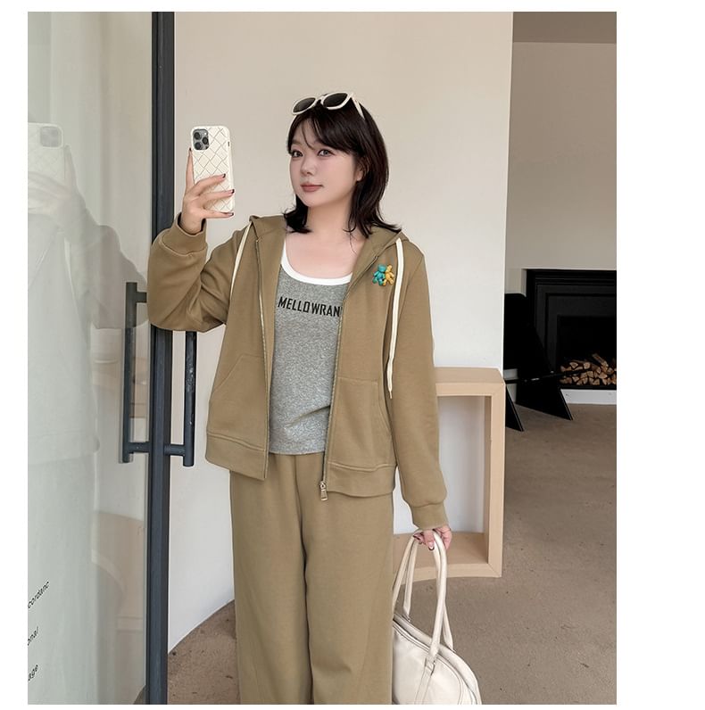 Plus Size Set: Plain Zip Hoodie + High Waist Wide Leg Pants