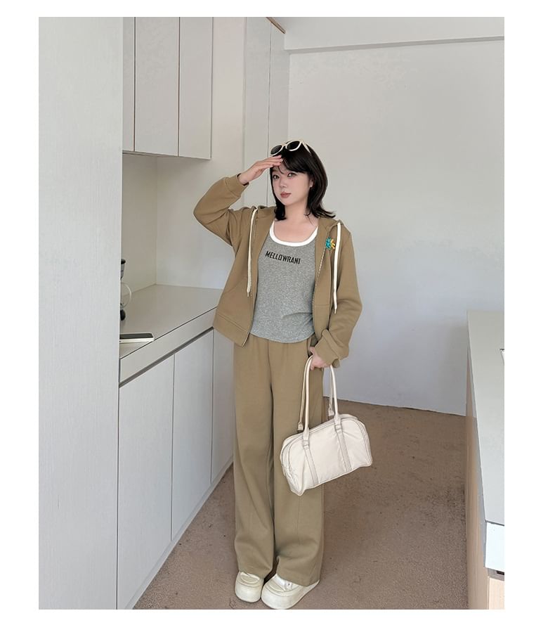 Plus Size Set: Plain Zip Hoodie + High Waist Wide Leg Pants