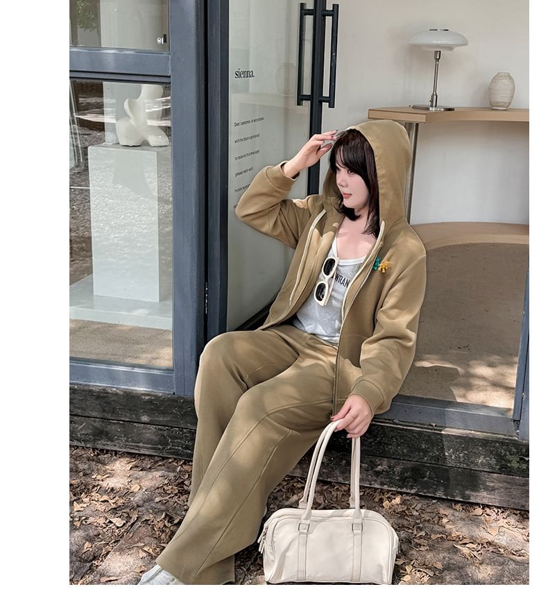 Plus Size Set: Plain Zip Hoodie + High Waist Wide Leg Pants