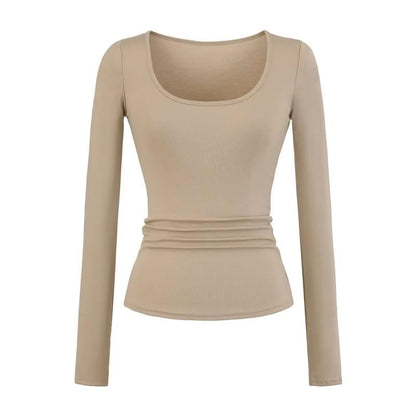 Slim-Fit U-Neck Long Sleeve Solid Color Tee