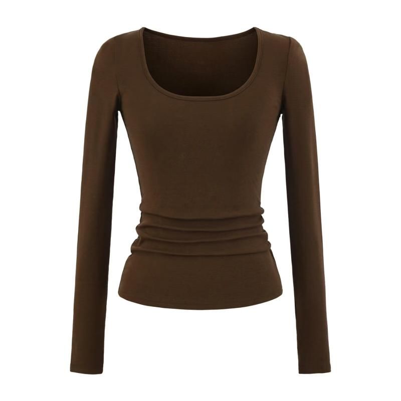 Slim-Fit U-Neck Long Sleeve Solid Color Tee
