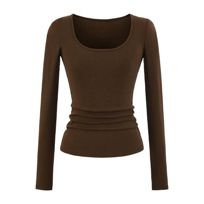 Slim-Fit U-Neck Long Sleeve Solid Color Tee