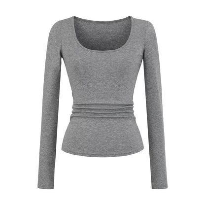 Slim-Fit U-Neck Long Sleeve Solid Color Tee