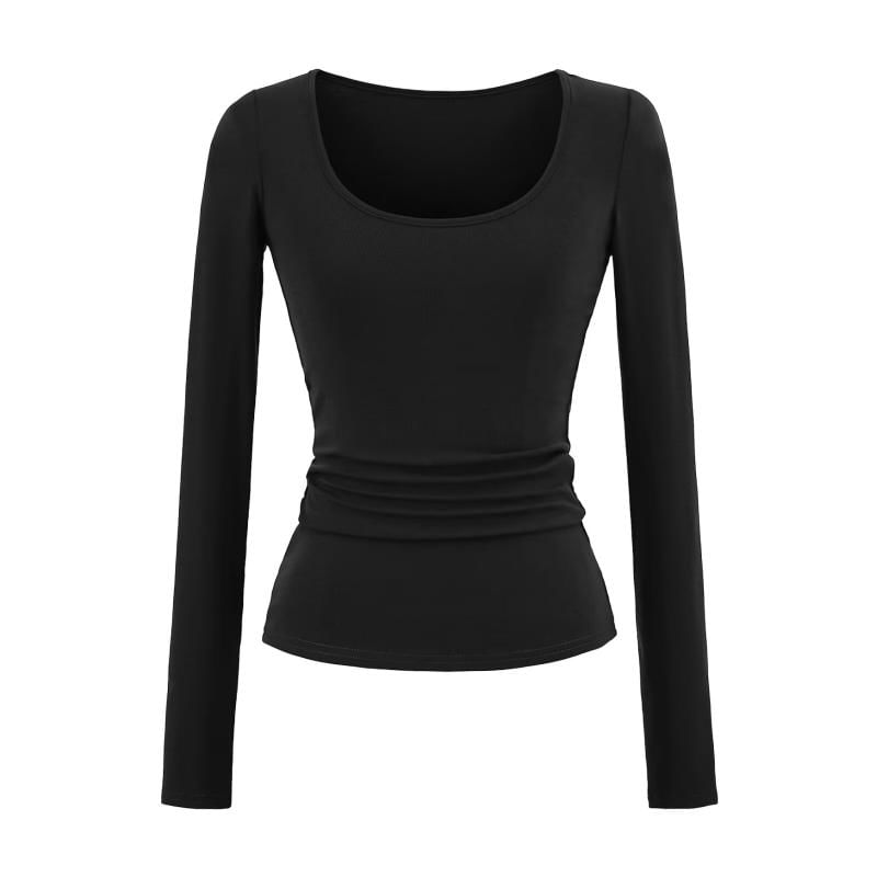 Slim-Fit U-Neck Long Sleeve Solid Color Tee