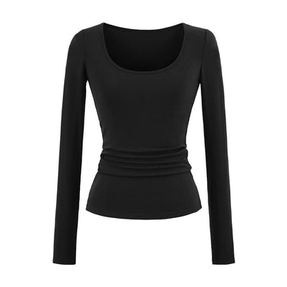 Slim-Fit U-Neck Long Sleeve Solid Color Tee