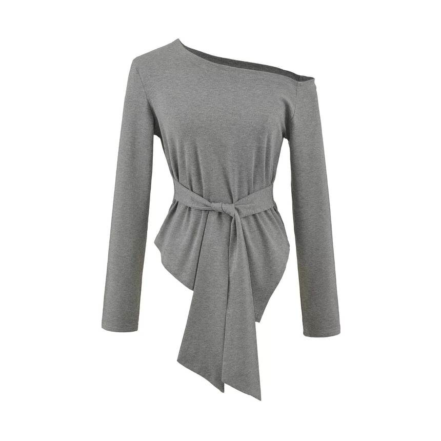Asymmetrical Plain Tee with Off-Shoulder and Long Sleeves
