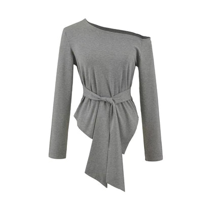 Asymmetrical Plain Tee with Off-Shoulder and Long Sleeves