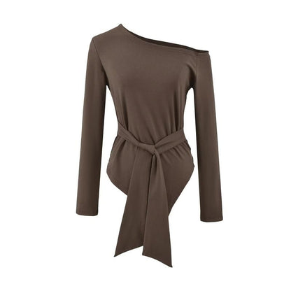 Asymmetrical Plain Tee with Off-Shoulder and Long Sleeves