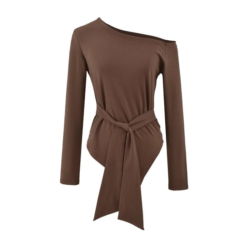 Asymmetrical Plain Tee with Off-Shoulder and Long Sleeves