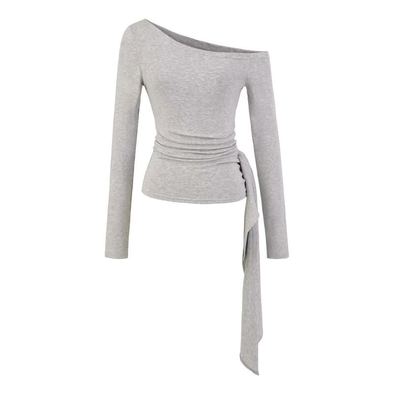 Off-Shoulder Plain Crop Top with Long Sleeves