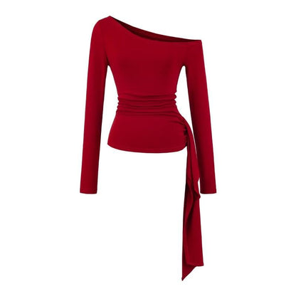Off-Shoulder Plain Crop Top with Long Sleeves