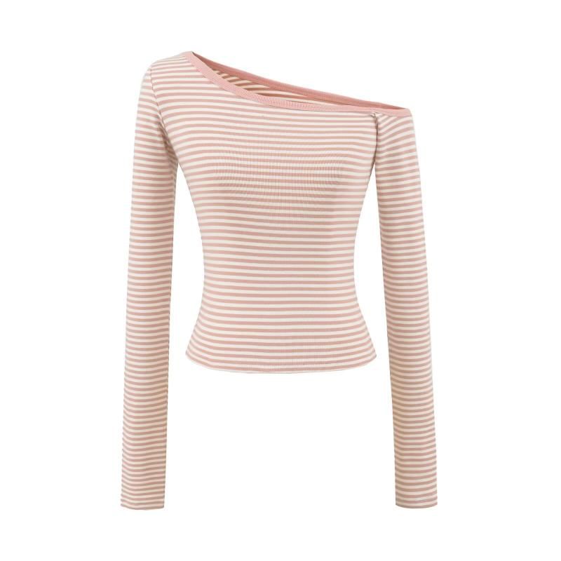 Off-Shoulder Long-Sleeve Striped Cotton Tee
