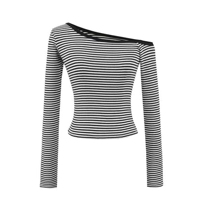 Off-Shoulder Long-Sleeve Striped Cotton Tee