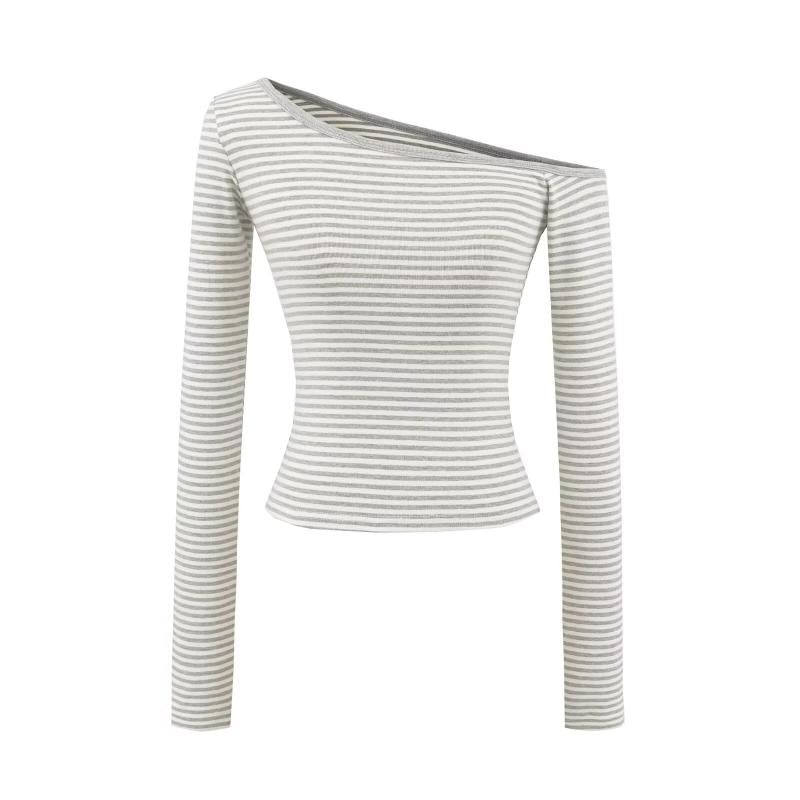 Off-Shoulder Long-Sleeve Striped Cotton Tee