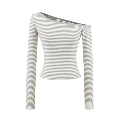 Off-Shoulder Long-Sleeve Striped Cotton Tee