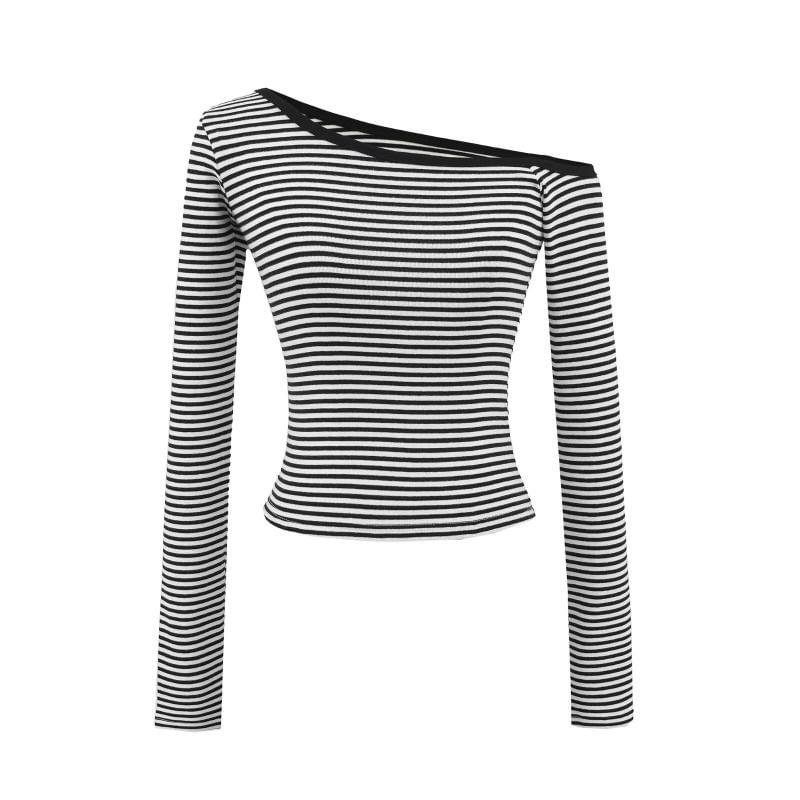 Off-Shoulder Long-Sleeve Striped Cotton Tee