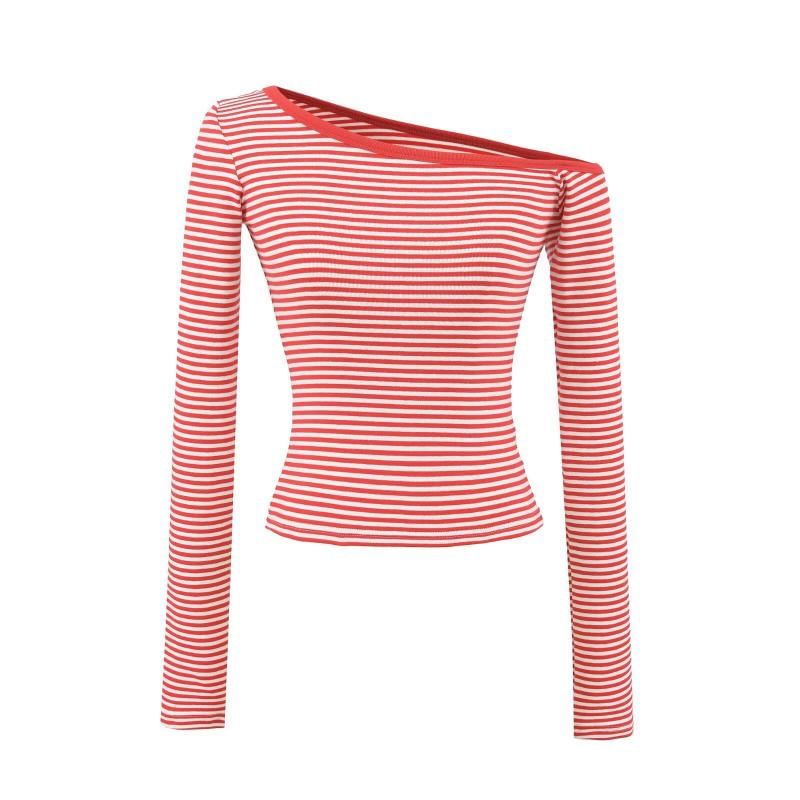 Off-Shoulder Long-Sleeve Striped Cotton Tee