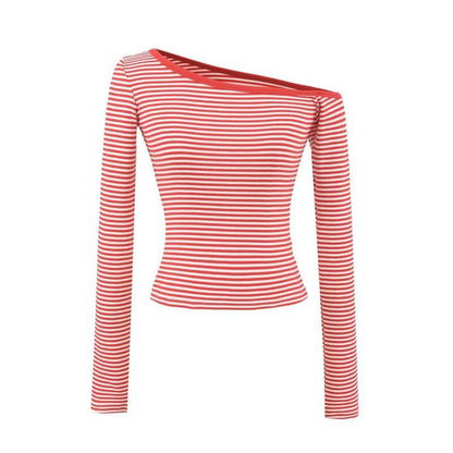 Off-Shoulder Long-Sleeve Striped Cotton Tee