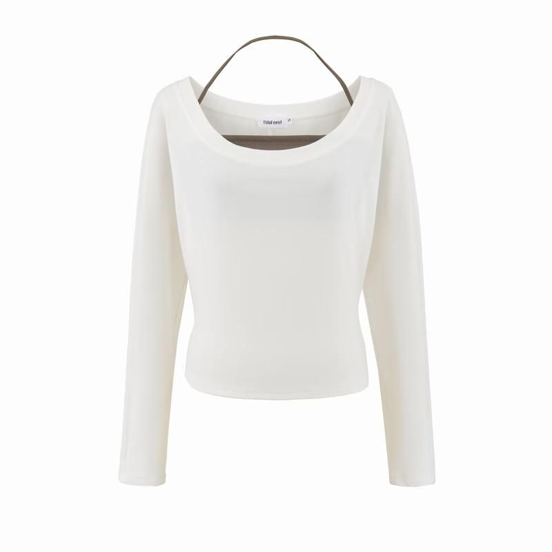 Matching Set: Plain Cropped Long-Sleeve Tee & Halter Top
