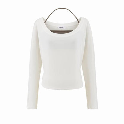 Matching Set: Plain Cropped Long-Sleeve Tee & Halter Top
