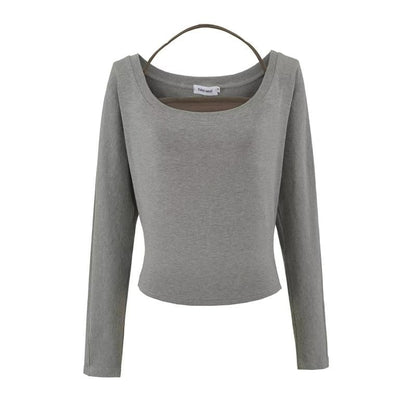 Matching Set: Plain Cropped Long-Sleeve Tee & Halter Top