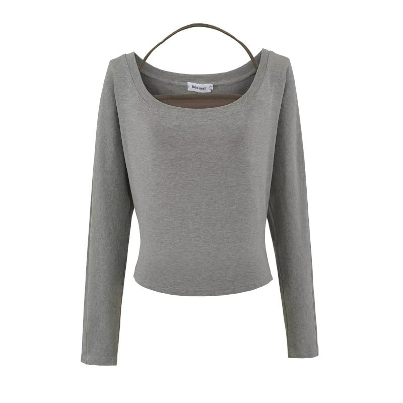 Matching Set: Plain Cropped Long-Sleeve Tee & Halter Top